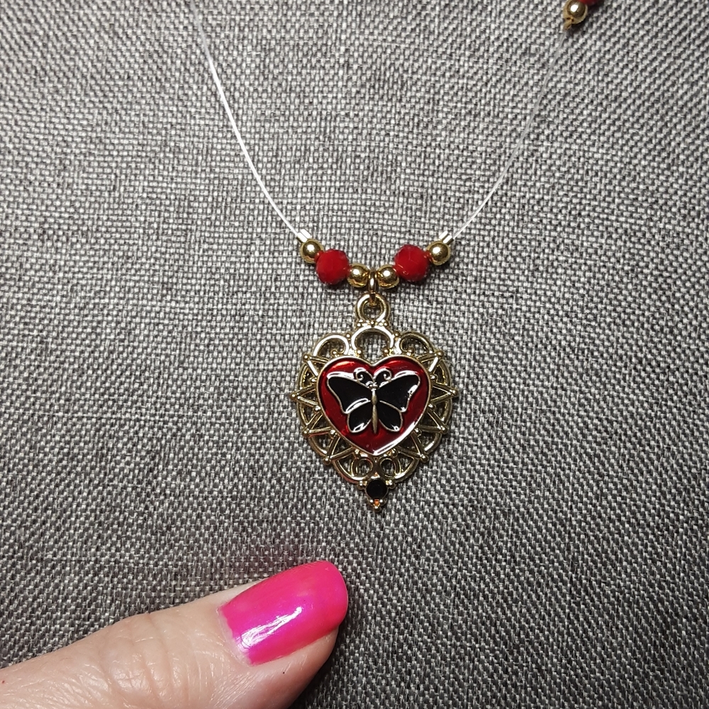 Handmade Illusion Necklace Red Gold Black